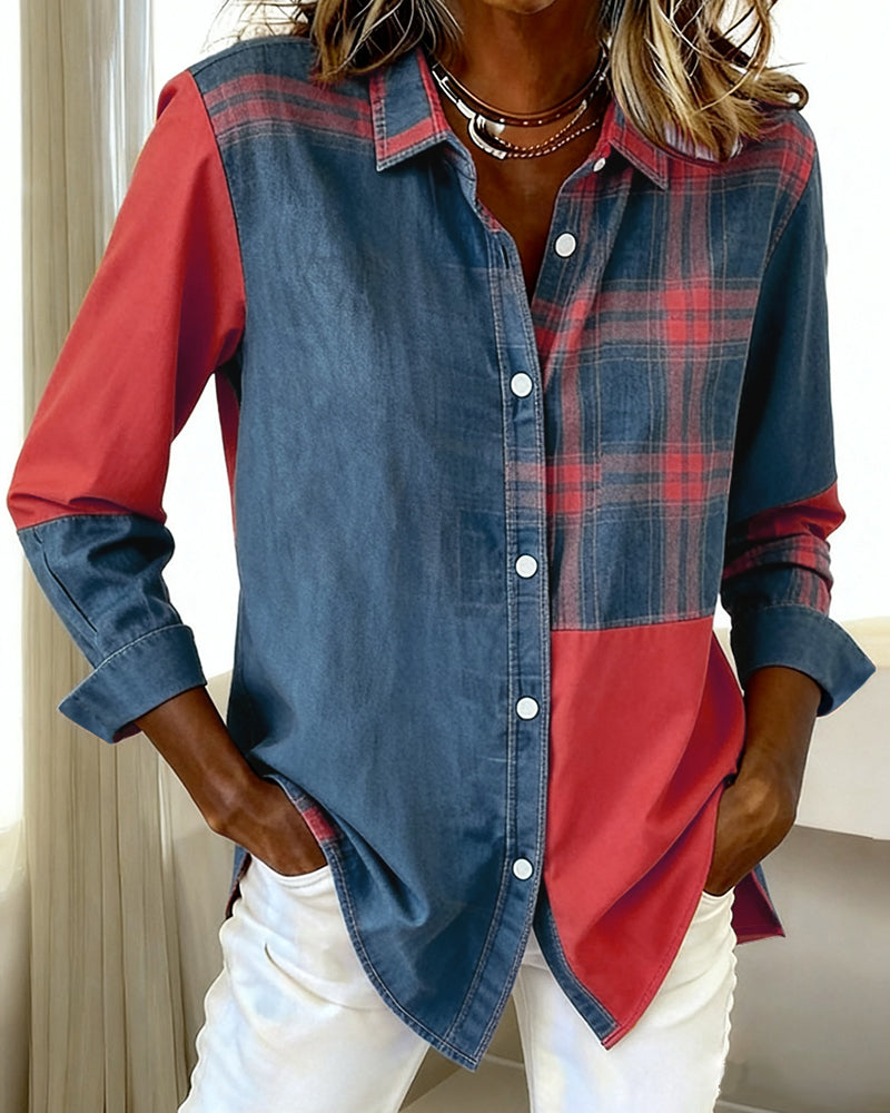 Eva® | Shirt with Notched Collar and Checked Contrast Design