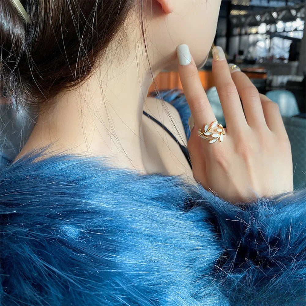 Victoria | Adjustable Gold Ring with White Opal Leaf