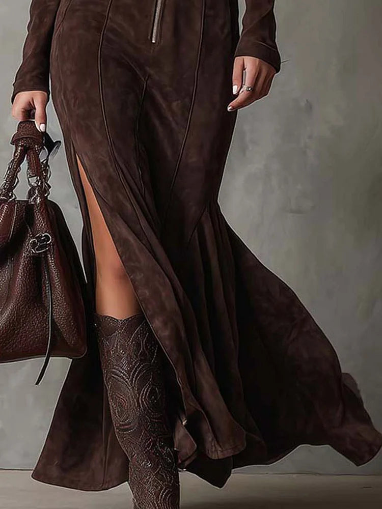 Sandra – Long Suede Zip Dress with Belt