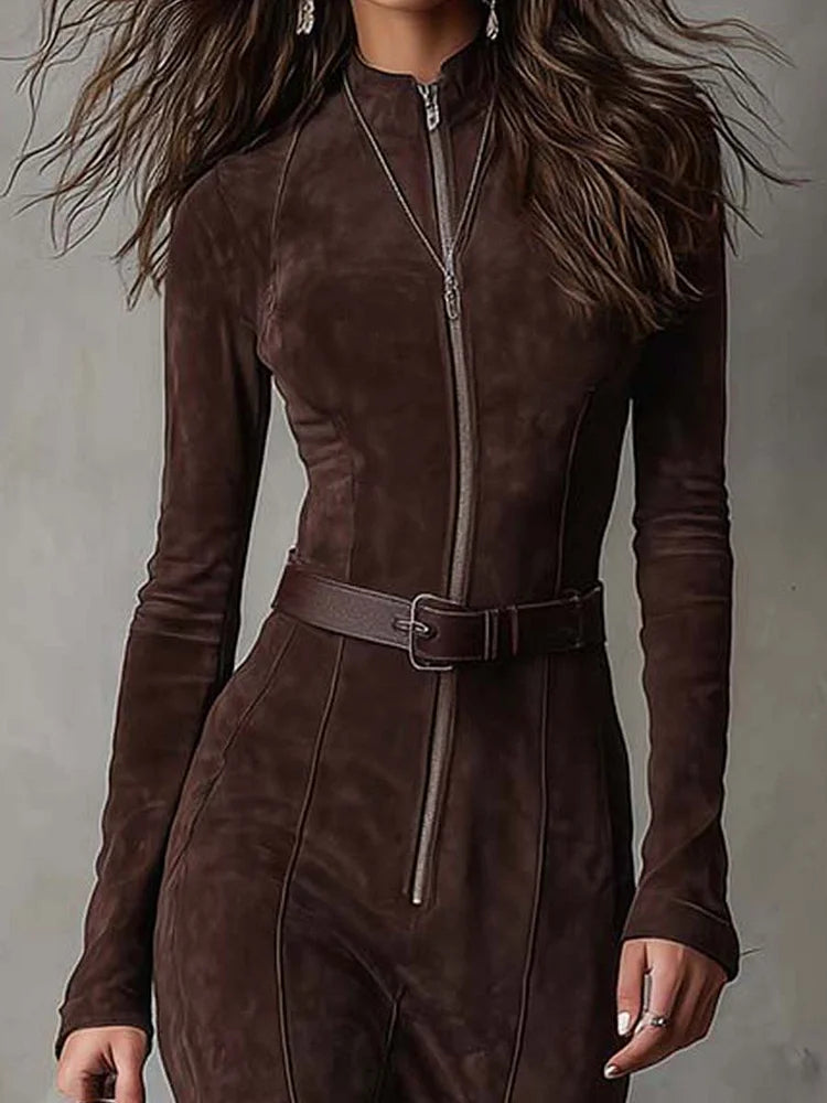 Sandra – Long Suede Zip Dress with Belt