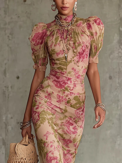 Jill | Vintage Rose Maxi Dress with Puff Sleeves