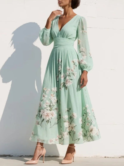 Mathilda - Light Green V-Neck Chiffon Pleated Floral Midi Dress