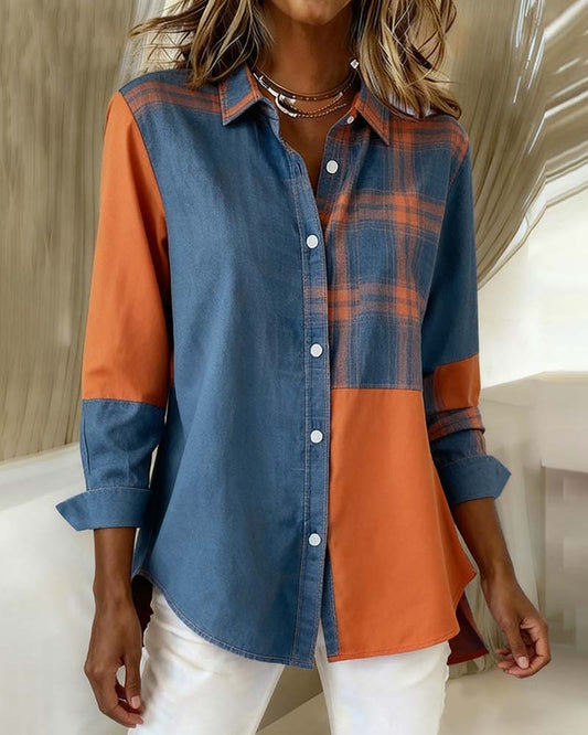 Eva® | Shirt with Notched Collar and Checked Contrast Design