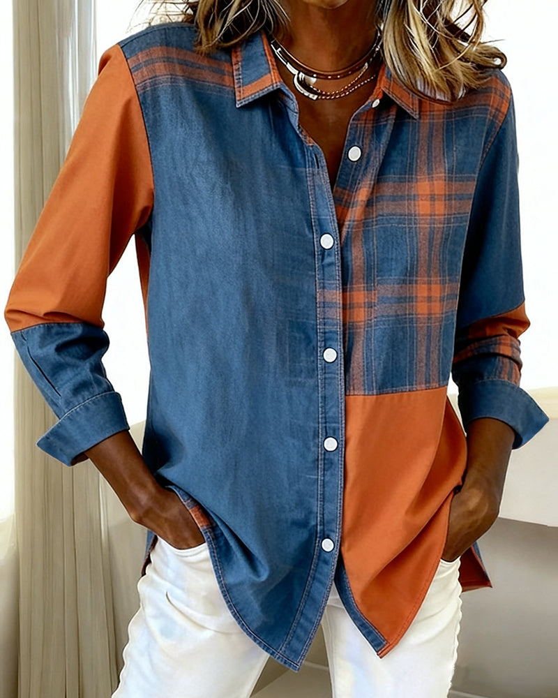 Eva® | Shirt with Notched Collar and Checked Contrast Design